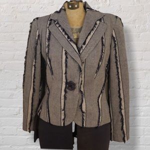 Lena Gabrielle Navy Ivory Fringed Striped Blazer Jacket Single Breasted